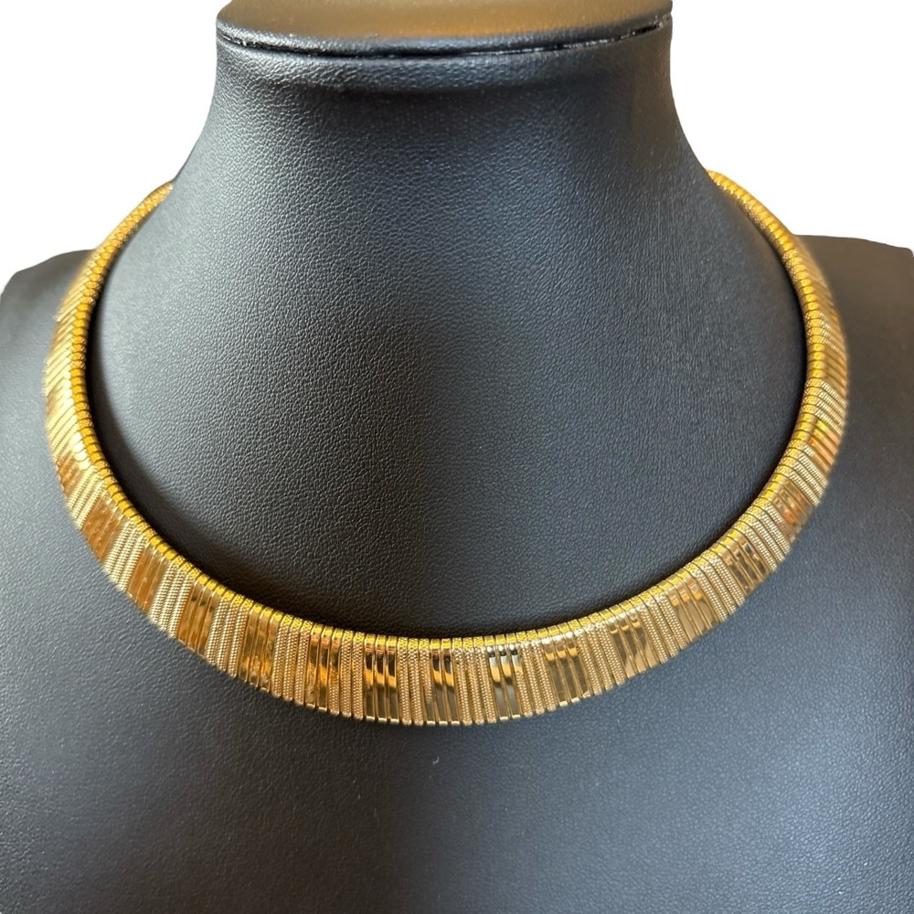 Gold Tone Wide Choker Necklace Stretchy Egyptian Revival Vintage Shiny and Matte